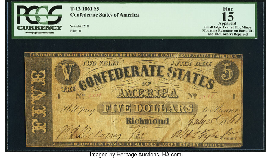 image for: Gutter Fold Error T12 $5 1861 PF-1 Cr. 49 PCGS Apparent Fine 15....