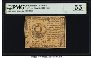 image for: Continental Currency May 10, 1775 $30 PMG About Uncirculated 55....