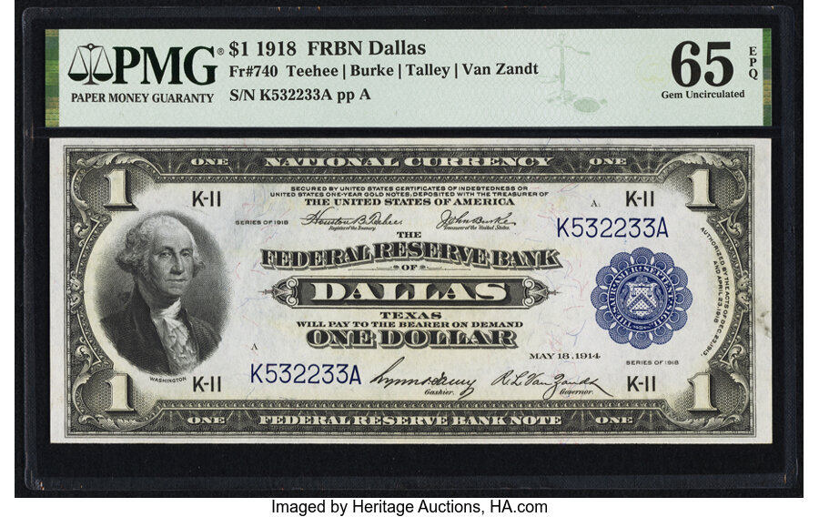 image for: Fr. 740 $1 1918 Federal Reserve Bank Note PMG Gem Uncirculated 65 EPQ....
