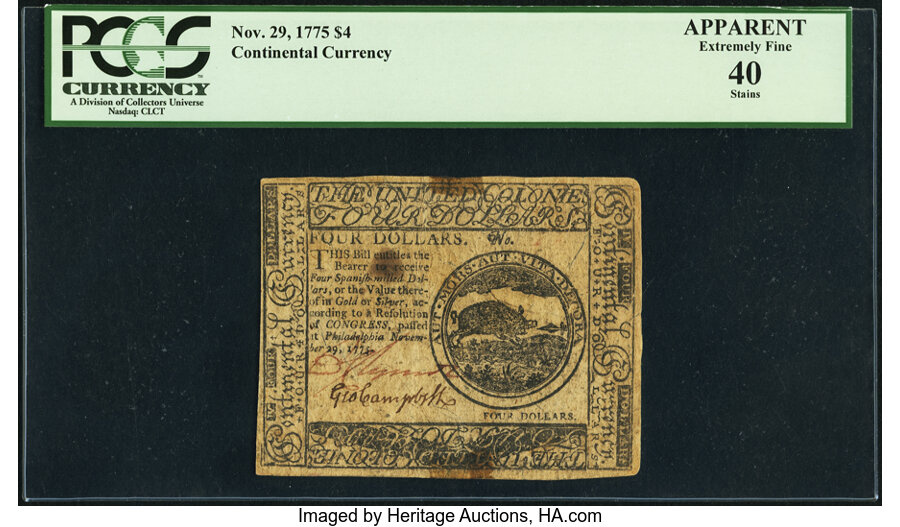 image for: Continental Currency November 29, 1775 $4 PCGS Apparent Extremely Fine 40....