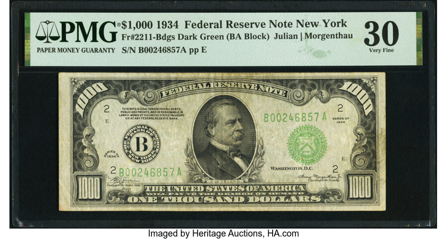 image for: Fr. 2211-B $1,000 1934 Federal Reserve Note. PMG Very Fine 30....