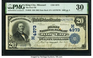image for: King City, MO - $20 1902 Date Back Fr. 645 The First National Bank Ch. # (M)4373 PMG Very Fine 30....