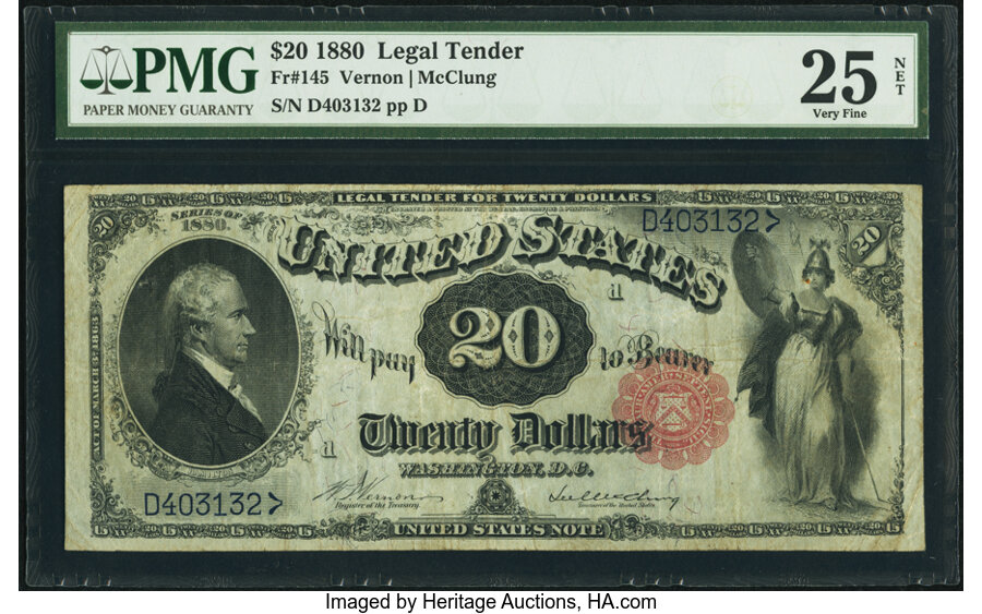 image for: Fr. 145 $20 1880 Legal Tender PMG Very Fine 25 Net....