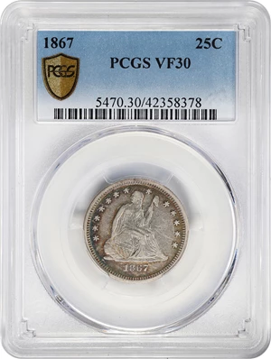 image for: 1867 Liberty Seated Quarter. VF-30 (PCGS).