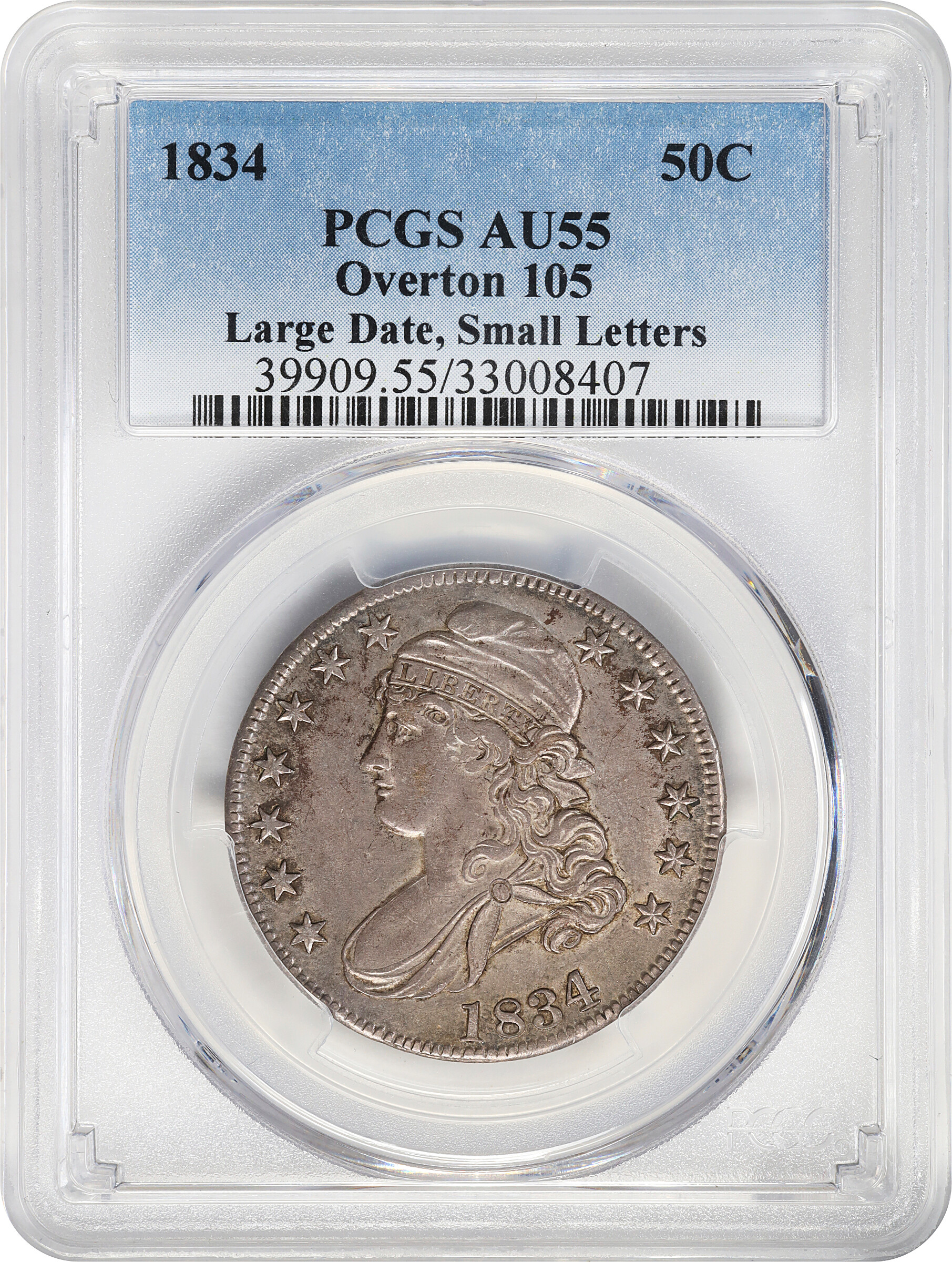 image for: 1834 Capped Bust Half Dollar. O-105. Large Date, Small Letters. AU-55 (PCGS).