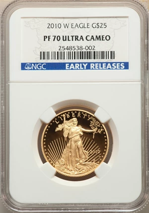 image for: 2010-W $25 Half-Ounce Gold Eagle PR70 Ultra Cameo NGC. Early Release NGC Census: (1055). PCGS Population: (976). CDN: $1,20...