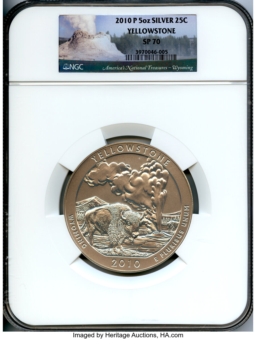 image for: 2010 25C Yellowstone Five Ounce Silver MS70 NGC. NGC Census: (0). PCGS Population: (0). CDN: $312.15.Whsle. Bid for NGC/PCG...