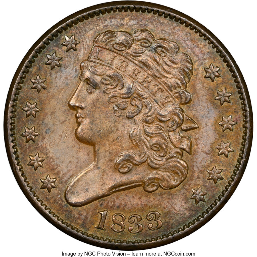 image for: 1833 1/2 C C-1, B-1, R.1, MS64 Brown NGC. NGC Census: (87/44). PCGS Population: (9/4). CDN: $560 Whsle. Bid for NGC/PCGS MS...