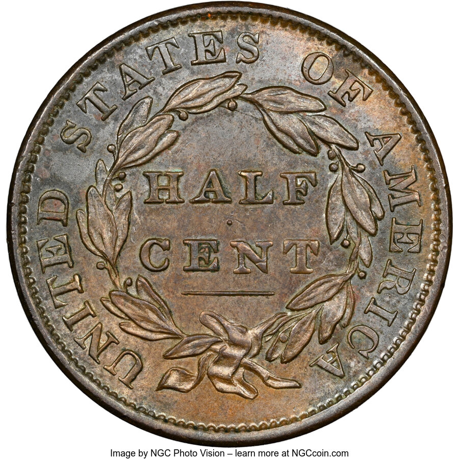 image for: 1833 1/2 C C-1, B-1, R.1, MS64 Brown NGC. NGC Census: (87/44). PCGS Population: (9/4). CDN: $560 Whsle. Bid for NGC/PCGS MS...