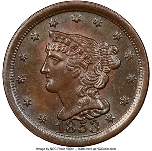 image for: 1853 1/2 C C-1, B-1, R.1, MS63 Brown NGC. NGC Census: (191/367). PCGS Population: (4/8). CDN: $330 Whsle. Bid for NGC/PCGS ...