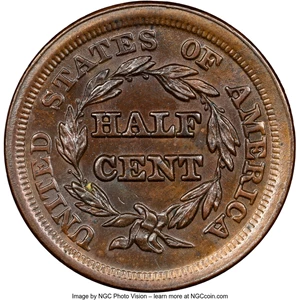 image for: 1853 1/2 C C-1, B-1, R.1, MS63 Brown NGC. NGC Census: (191/367). PCGS Population: (4/8). CDN: $330 Whsle. Bid for NGC/PCGS ...