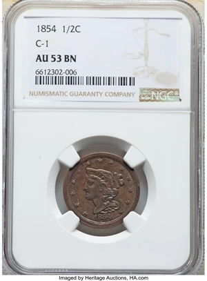 image for: 1854 1/2 C C-1, B-1, R.1, AU53 NGC. NGC Census: (13/689). PCGS Population: (2/19). CDN: $130 Whsle. Bid for NGC/PCGS AU53. ...