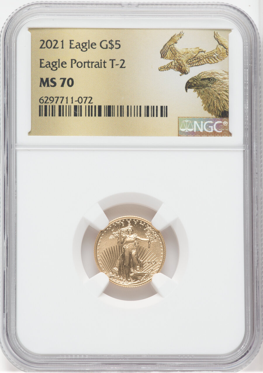 image for: 2021 $5 Tenth Ounce Gold Eagle, Type Two, MS70 NGC. NGC Census: (1153). PCGS Population: (216). CDN: $225.30.Whsle. Bid for...