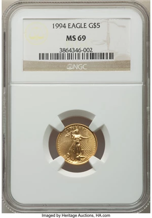 image for: 1994 $5 Tenth-Ounce Gold Eagle MS69 NGC. NGC Census: (2223/442). PCGS Population: (966/42). CDN: $187.49.Whsle. Bid for NGC...