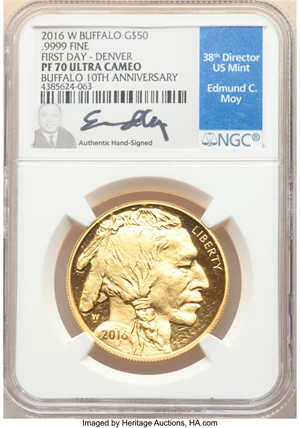 image for: 2016-W G$50 One-Ounce Buffalo, 10th Anniversary, First Day -Denver, Edmund Moy PR70 Ultra Cameo NGC. NGC Census: (538). PCG...
