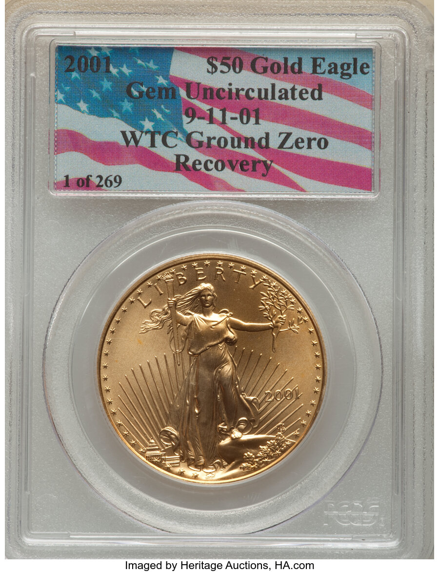 image for: 2001 $50 One-Ounce Gold Eagle, 9-11-01 World Trade Center Ground Zero Recovery, MS65 PCGS. PCGS Population: (3/1415). NGC C...