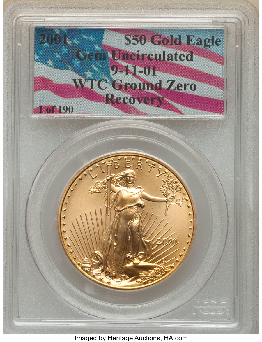 image for: 2001 $50 One-Ounce Gold Eagle, 9-11-01 World Trade Center Ground Zero Recovery, MS65 PCGS. PCGS Population: (3/1415). NGC C...