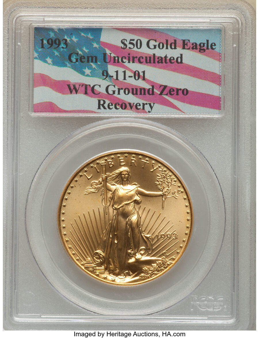 image for: 1993 $50 One-Ounce Gold Eagle, 9-11-01 World Trade Center Ground Zero Recovery, MS60 PCGS. PCGS Population: (0/1376). NGC C...