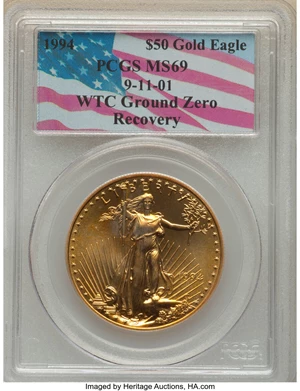 image for: 1994 $50 One-Ounce Gold Eagle, 9-11-01 World Trade Center Ground Zero Recovery, MS69 PCGS. PCGS Population: (752/29). NGC C...