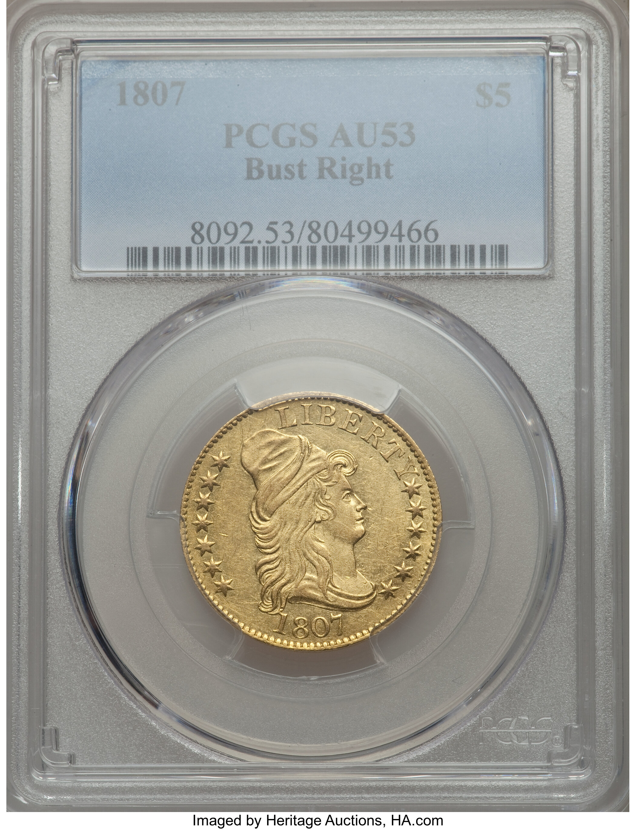image for: 1807 $5 Bust Right, BD-1, High R.4, AU53 PCGS....