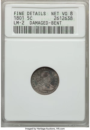 image for: 1801 H10C V-1 and V-2, LM-2, R.4, -- Bent, Damaged -- ANACS. Fine Details, Net VG8. NGC Census: (0/10). PCGS Population (1/...