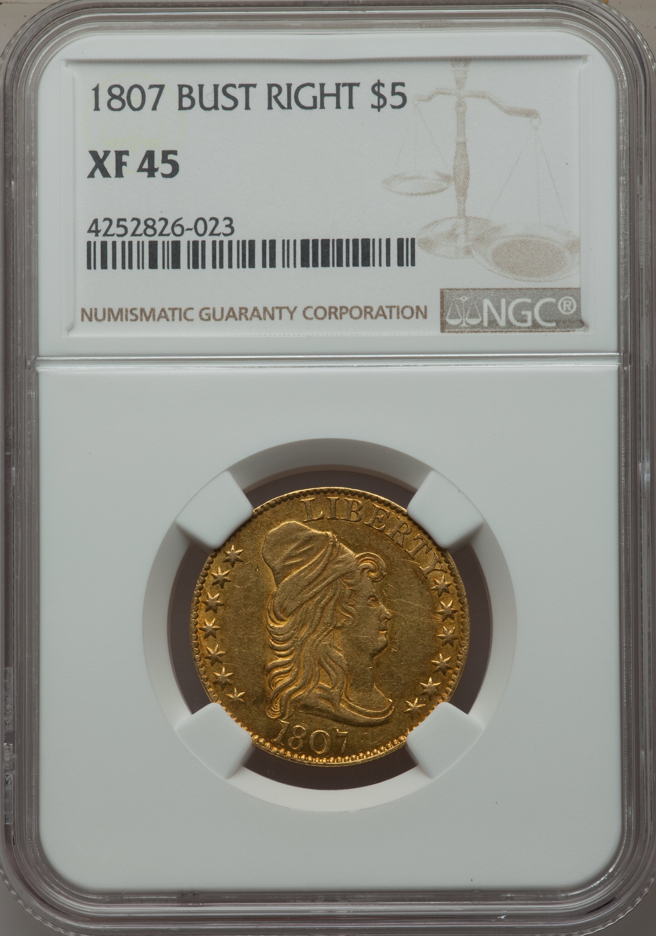 image for: 1807 $5 Bust Right, BD-6, High R.4, XF45 NGC....