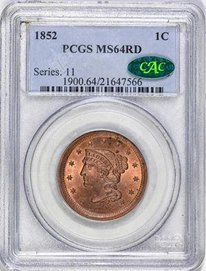 image for: 1C 1852 PCGS MS64 RD CAC