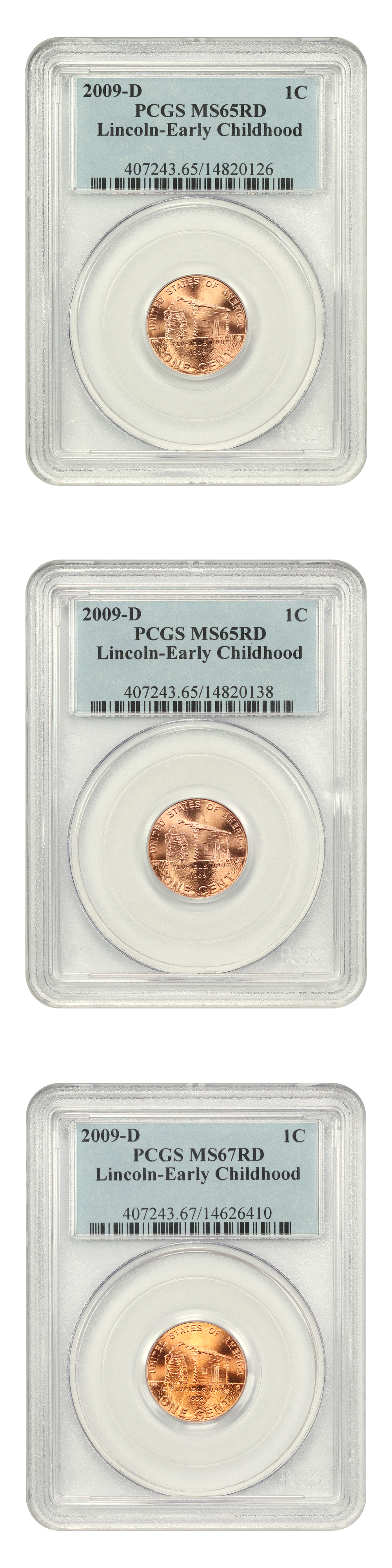 image for: Lot of 2009-D Lincoln-Early Childhood 1c PCGS MS65-67 RD (3 Coins)