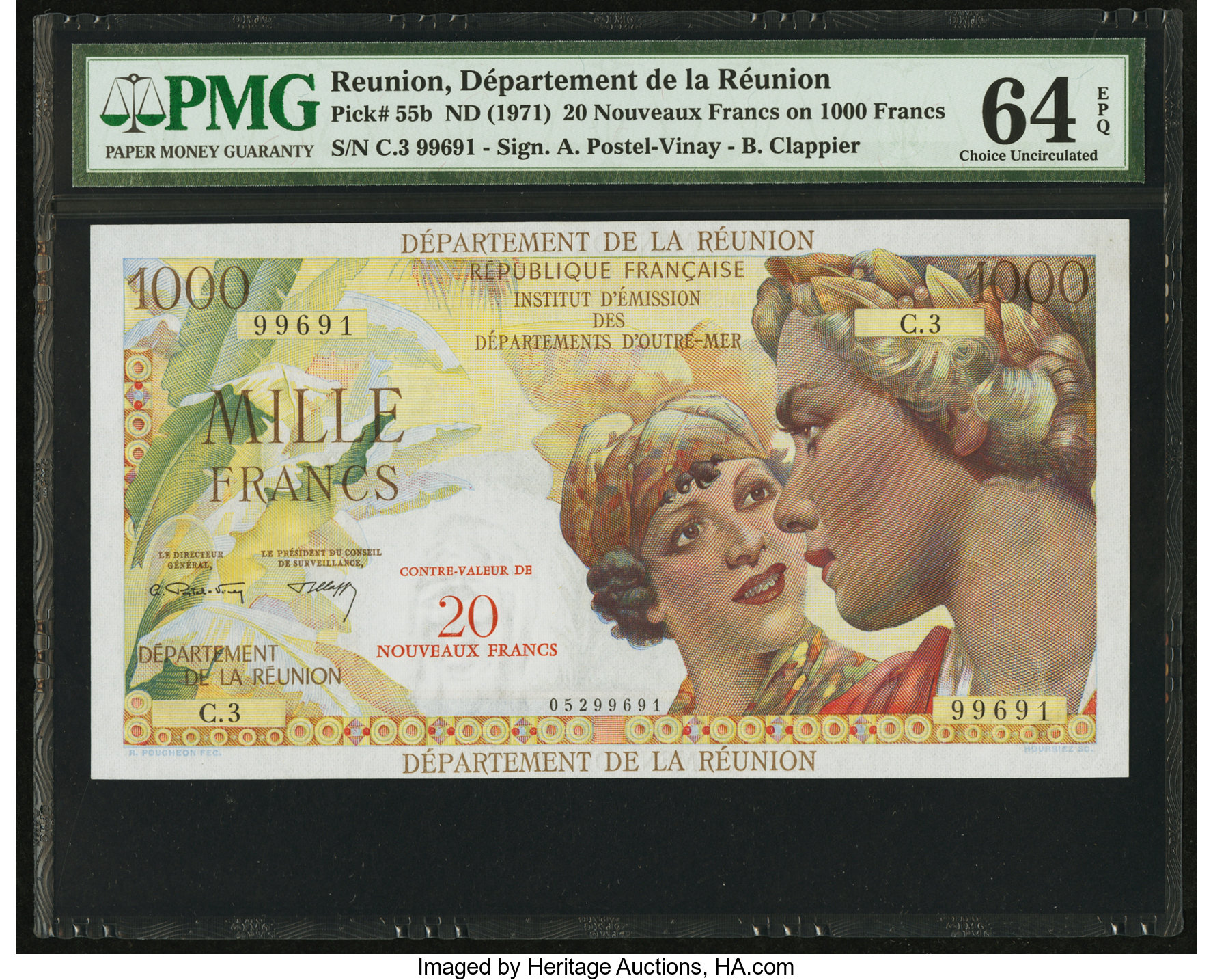 image for: Reunion  20 nouveaux francs on 1,000 francs(B507b)