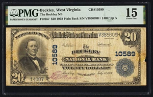 image for: Beckley, WV - $20 1902 Plain Back Fr. 657 The Beckley National Bank Ch. # 10589 PMG Choice Fine 15....