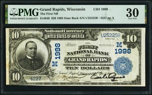 image for: Grand Rapids, WI - $20 1902 Date Back Fr. 646 The First National Bank Ch. # (M)1998 PMG Very Fine 30....