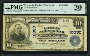 image for: Wisconsin Rapids, WI - $10 1902 Plain Back Fr. 629 The Citizens National Bank Ch. # 10330 PMG Very Fine 20....