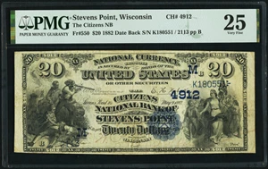 image for: Stevens Point, WI - $20 1882 Date Back Fr. 550 The Citizens National Bank Ch. # (M)4912 PMG Very Fine 25....