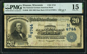 image for: Wausau, WI - $20 1902 Date Back Fr. 646 The National German-American Bank Ch. # (M)4744 PMG Choice Fine 15....
