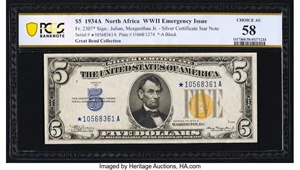 image for: Fr. 2307* $5 1934A North Africa Silver Certificate Star. PCGS Banknote Choice AU 58....