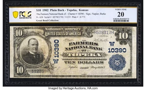 image for: Topeka, KS - $10 1902 Plain Back Fr. 630 The Farmers National Bank Ch. # (W)10390 PCGS Banknote Very Fine 20....