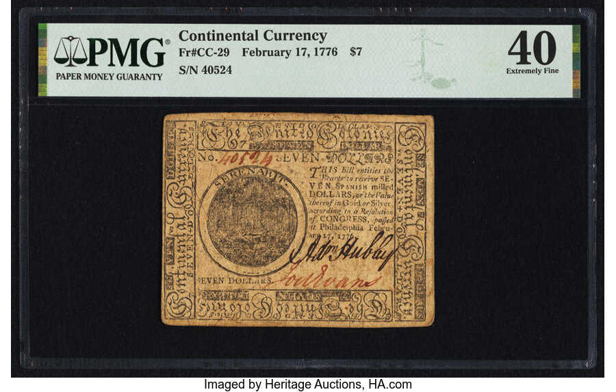 image for: Continental Currency February 17, 1776 $7 PMG Extremely Fine 40....