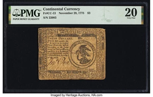 image for: Continental Currency November 29, 1775 $3 PMG Very Fine 20....