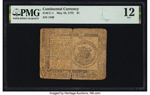 image for: Continental Currency May 10, 1775 $1 PMG Fine 12....