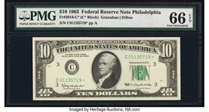 image for: Fr. 2016-C* $10 1963 Federal Reserve Note. PMG Gem Uncirculated 66 EPQ....