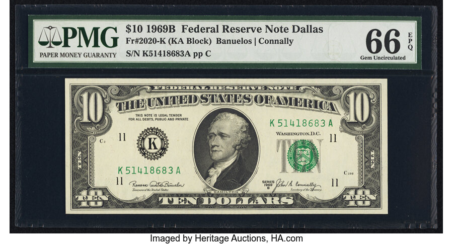 image for: Fr. 2020-K $10 1969B Federal Reserve Note. PMG Gem Uncirculated 66 EPQ....