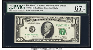 image for: Fr. 2021-K $10 1969C Federal Reserve Note. PMG Superb Gem Unc 67 EPQ....