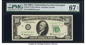 image for: Fr. 2017-D $10 1963A Federal Reserve Note. PMG Superb Gem Unc 67 EPQ....