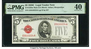 image for: Fr. 1528 $5 1928C Mule Legal Tender Note. PMG Extremely Fine 40....