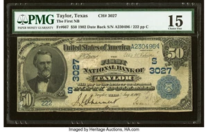 image for: Taylor, TX - $50 1902 Date Back Fr. 667 The First National Bank Ch. # (S)3027 PMG Choice Fine 15....