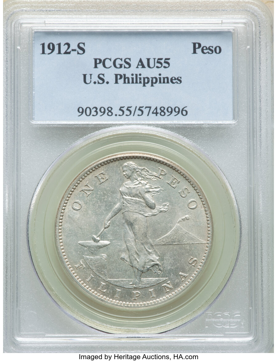 image for: 1912-S  Philippines Peso AU55 PCGS. PCGS Population: (18/33). NGC Census: (0/0).  Mintage 680,000....