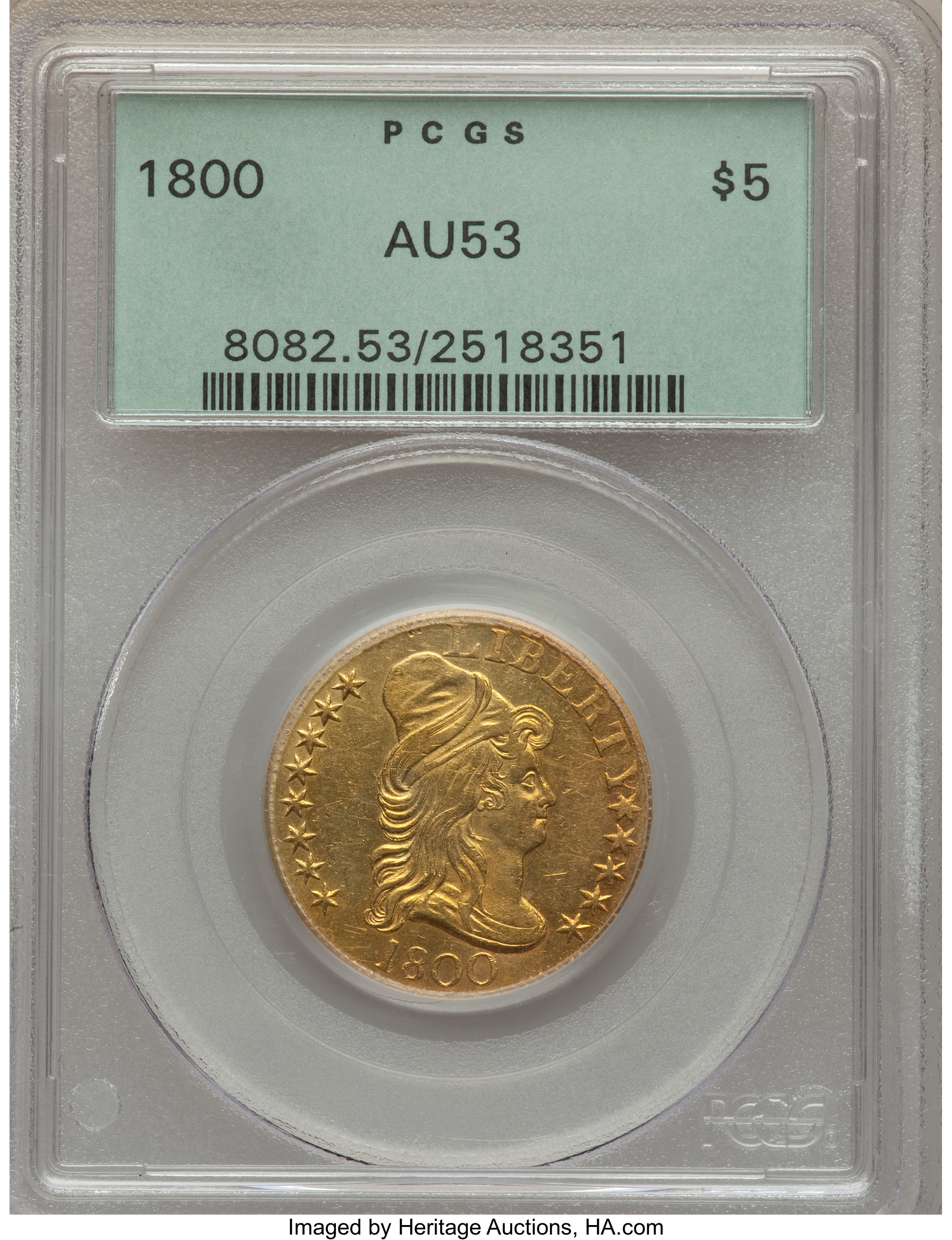 image for: 1800 $5 BD-4, R.4, AU53 PCGS....