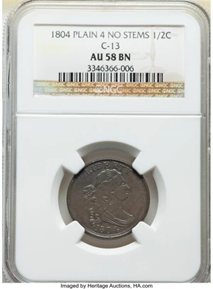 image for: 1804 1/2 C Plain 4, No Stems, C-13, B-10, R.1, AU58 NGC. NGC Census: (42/37). PCGS Population: (2/12). CDN: $750 Whsle. Bid...