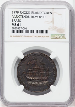 image for: 1778-1779 Rhode Island Ship Token, VLUGTENDE Removed, No Wreath, Brass, MS61 NGC. Betts-562, W-1730, R.4....