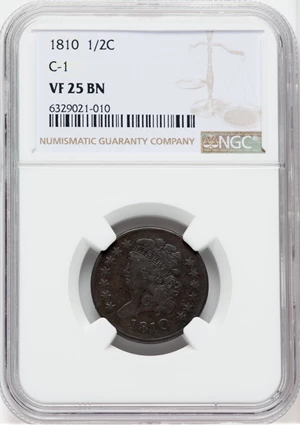 image for: 1810 1/2 C C-1, B-1, R.2, VF25 NGC. NGC Census: (9/90). PCGS Population: (0/16). CDN: $250 Whsle. Bid for NGC/PCGS VF25. Mi...